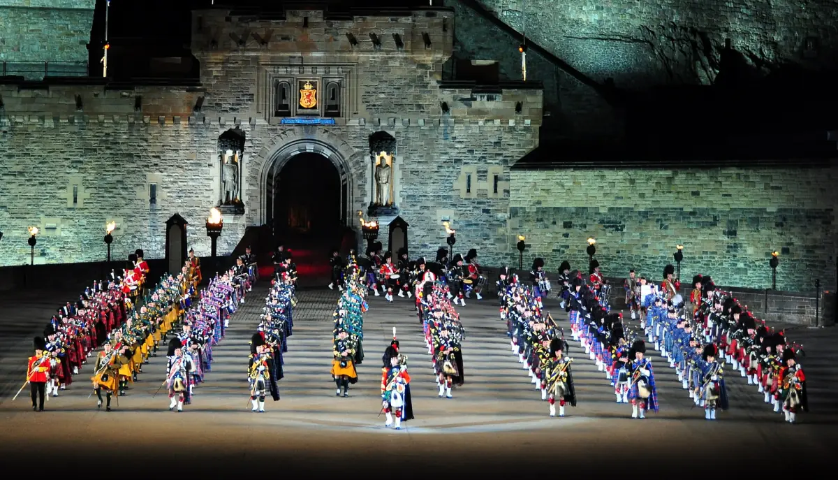 Performers in front of the gatehouse at the Tattoo